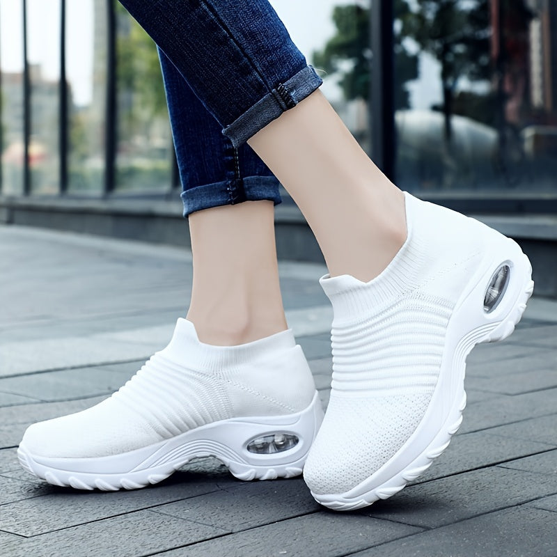 Women'S Air Cushion Sole Sneakers, Lightweight Knit Slip on Shoes, Breathable Running Shoes