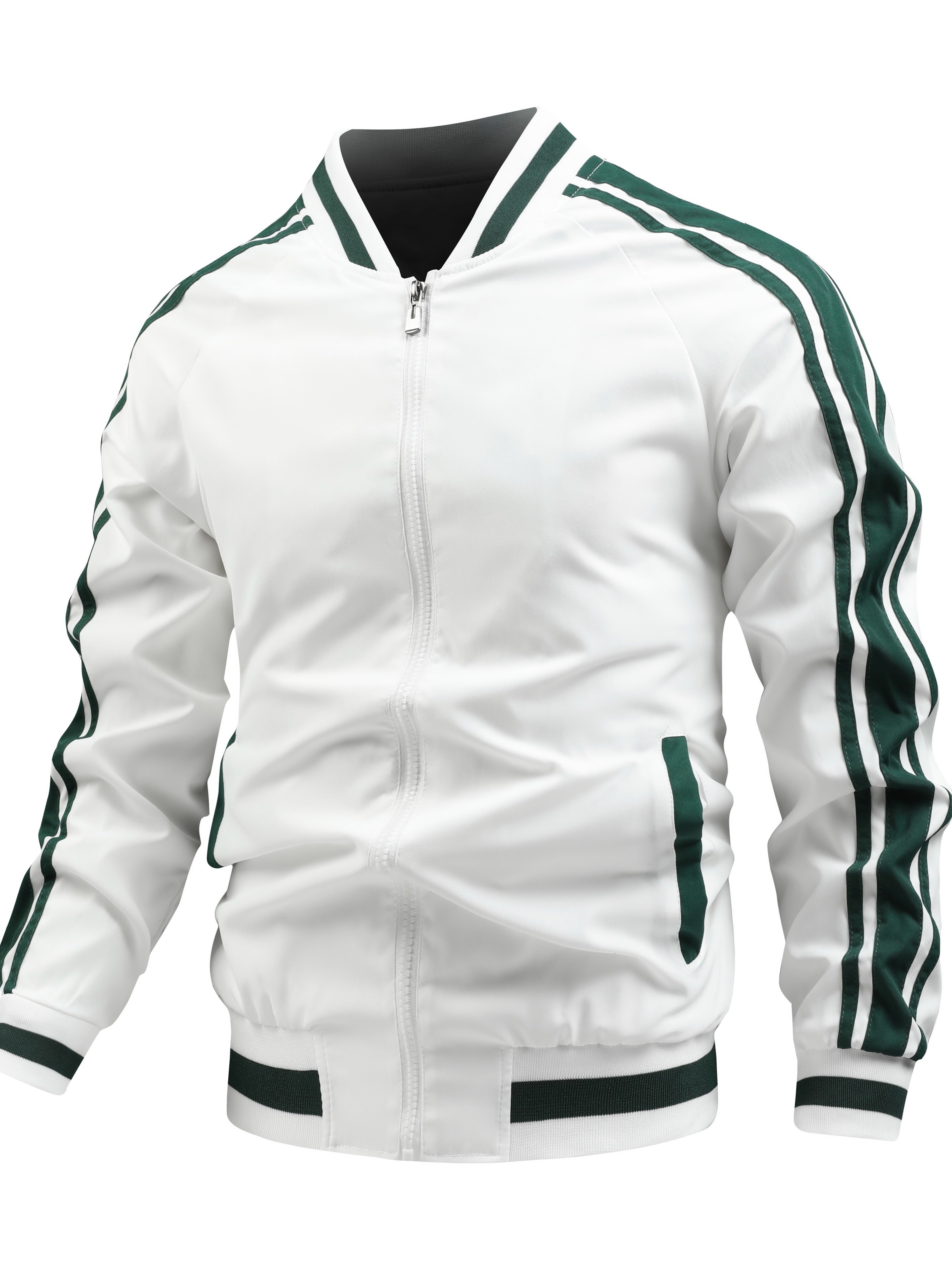 Men's Color Block Graphic Sports Jacket, Casual Striped Zip Up Varsity Jacket For Outdoor Fall Winter