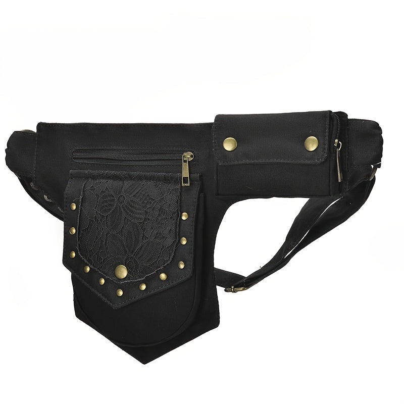 Gothic Thigh Drop Leg Bag, Studded Decor Fabric Waist Bag, Lightweight Outdoor Travel Phone Purse Bum Bag Fanny Pack