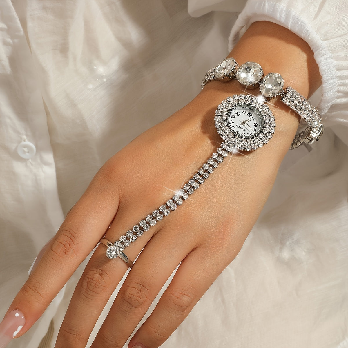 Sparkling Rhinestone Tassel Watch Bracelet - Timeless Round Glass Dial for Women - Elegant Dress-Up Essential with Glamorous Charm