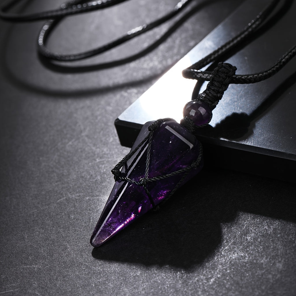Stylish Men's Natural Amethyst Crystal Hexagonal Cone Pendant Necklace with Braided Rope - Fashion Accessory