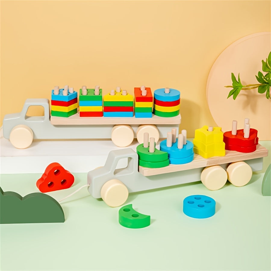 Children's wooden toys for early education, children's shape matching puzzle car, wooden trailer toy, baby shape recognition toy car, holiday gift