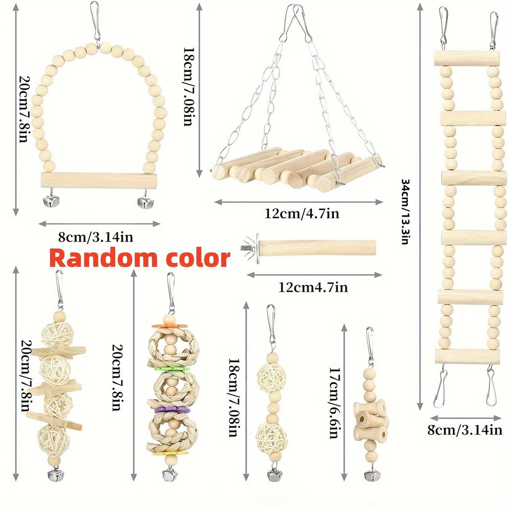 8pcs Solid Wood Bird Toy Set - Tiger Skin Peony Love Bird Small and Medium Parrot Toys with Swing Stairs and Chew Ball