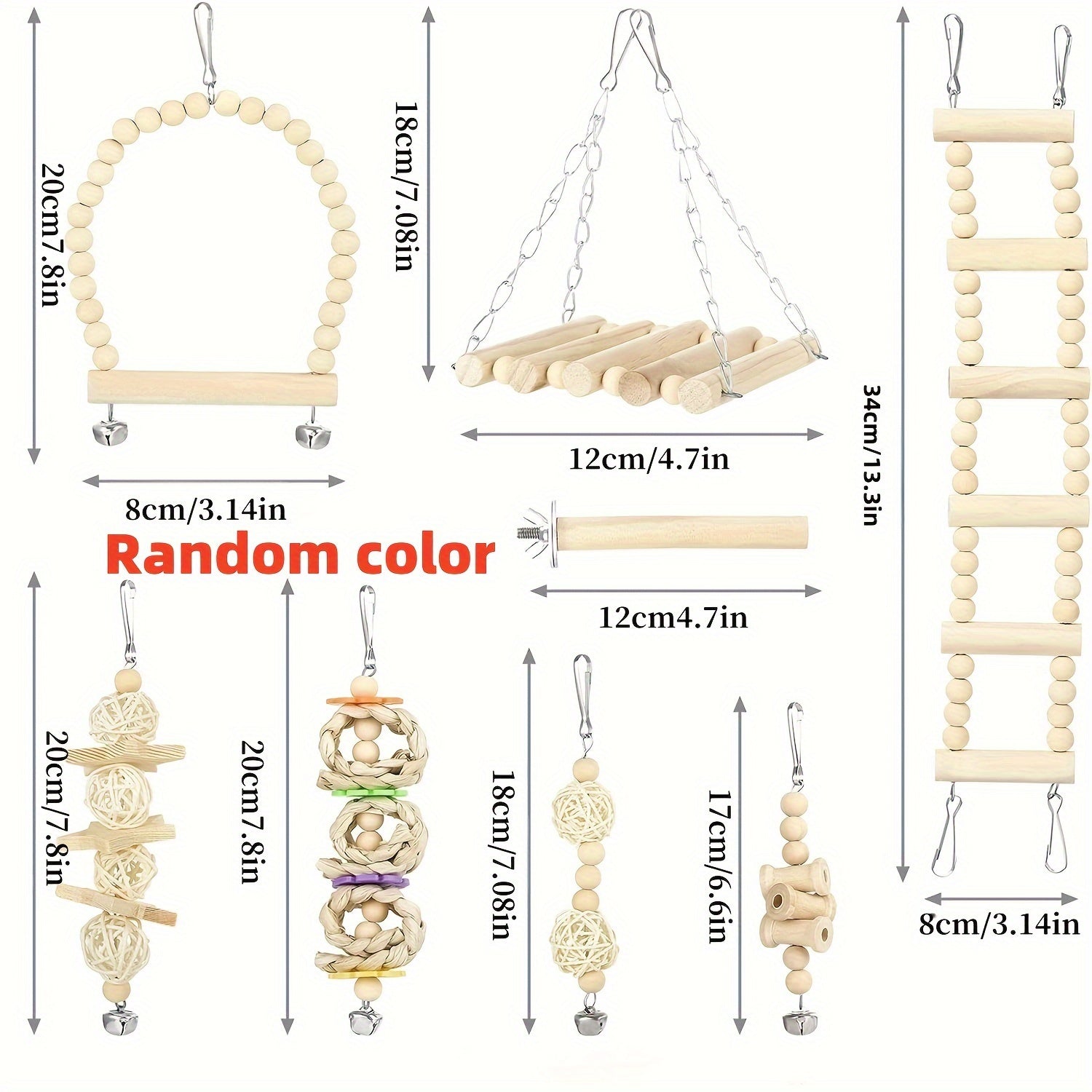 8pcs Solid Wood Bird Toy Set - Tiger Skin Peony Love Bird Small and Medium Parrot Toys with Swing Stairs and Chew Ball
