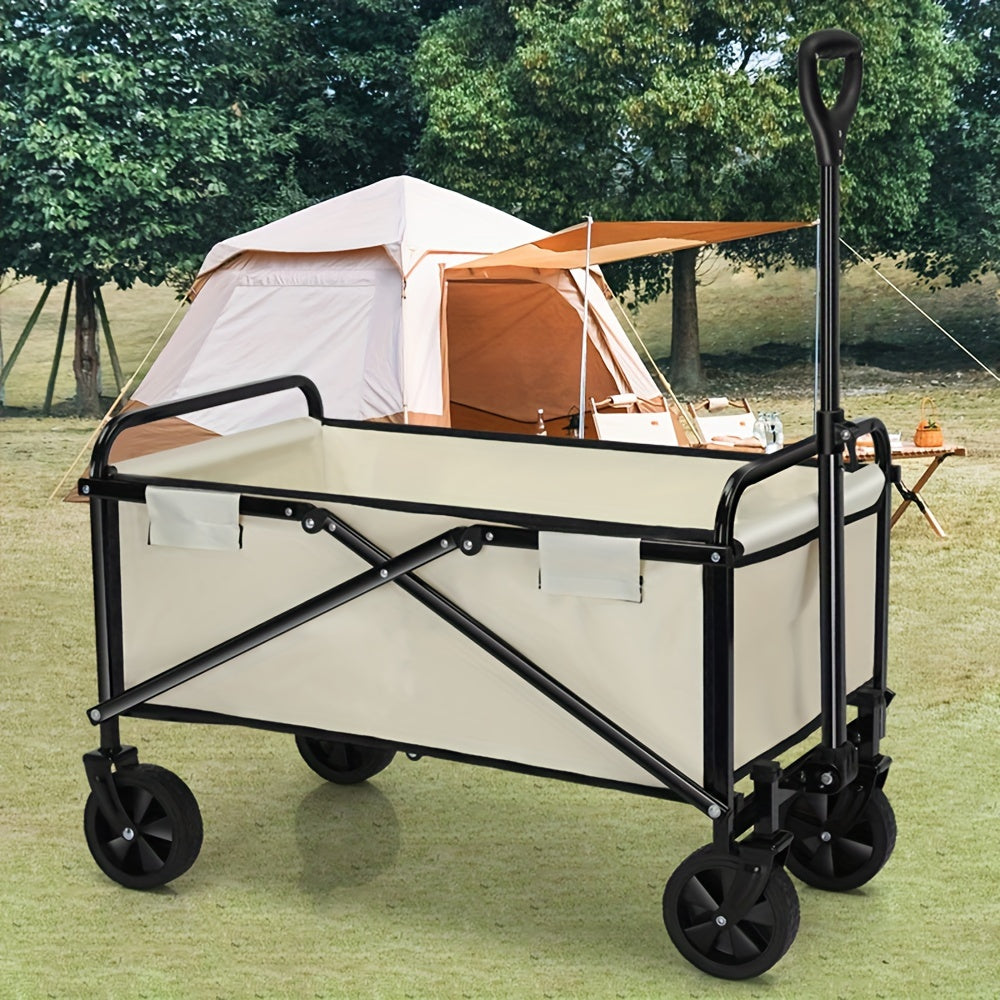 1pc Folding Outdoor Utility Wagon, Portable Collapsible Garden Cart With Adjustable Handle, Heavy Duty Plastic Camping Trolley, Easy Storage Home Shopping Trailer
