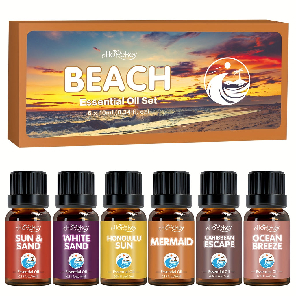 6/12pcs Beach/ Wooden/ Hotel Essential Oil Set - Coconut Tree Shadows, Sunny Beach, Shell, | Sandalwood/ Cedar/ Cypress| for Humidifier, Diffuser, Candles, Car Air Freshener, Soap, Hotel Scents Fragrance Oil - Romantic Valent