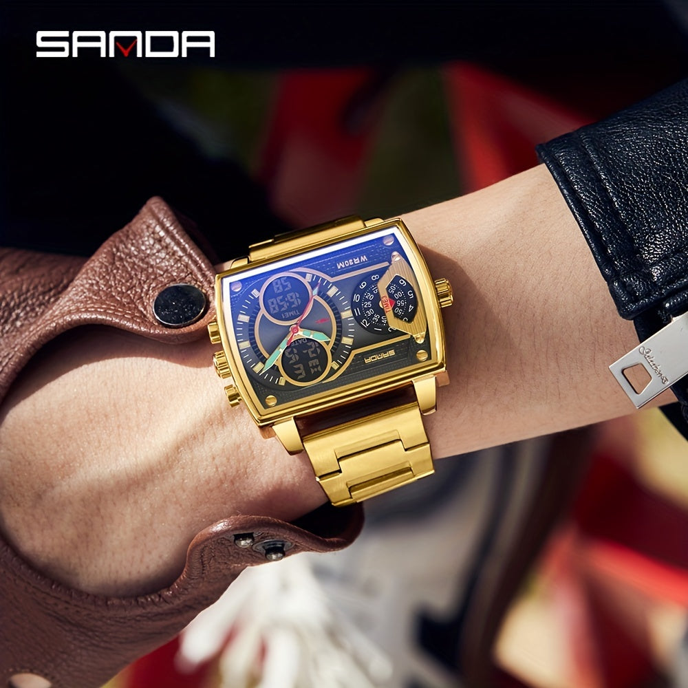 Large Dial Multi Time Zone Men's Watch, Square Dual Display Multifunctional Sports Watch with Dual Time Zone, Date, Alarm, and Stopwatch Functions