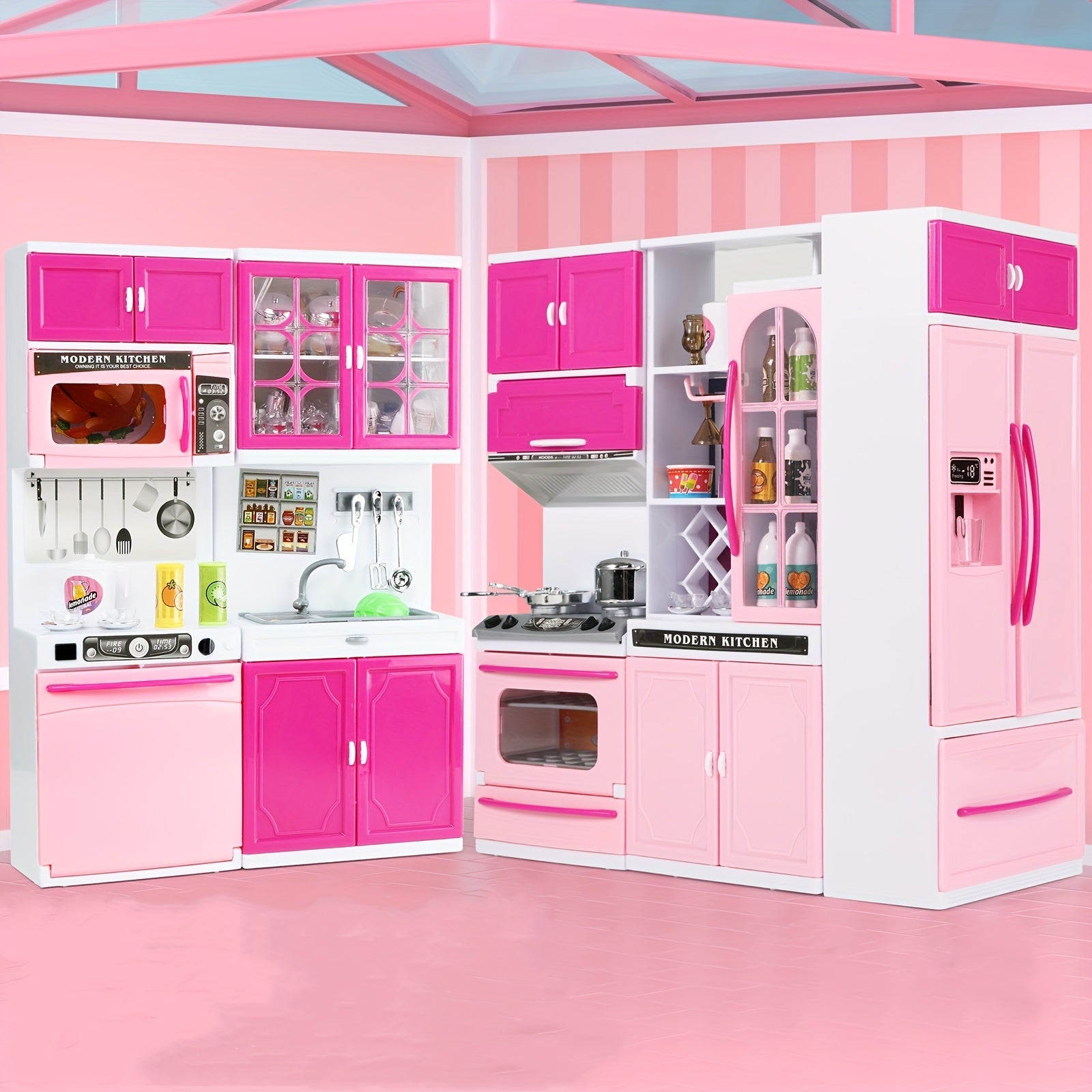 Pink 64 PCS Mini Furniture Sets - Doll Playset Toys With Lights and Sounds