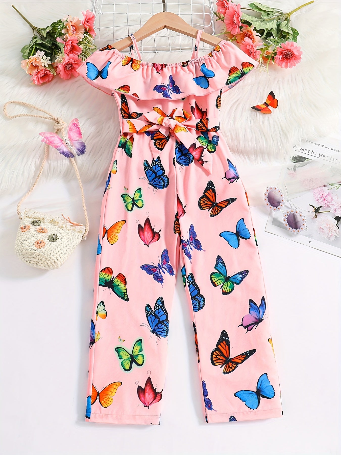 Trendy Girls' Butterfly Romper with Ruffles and Belt - Perfect for Summer!