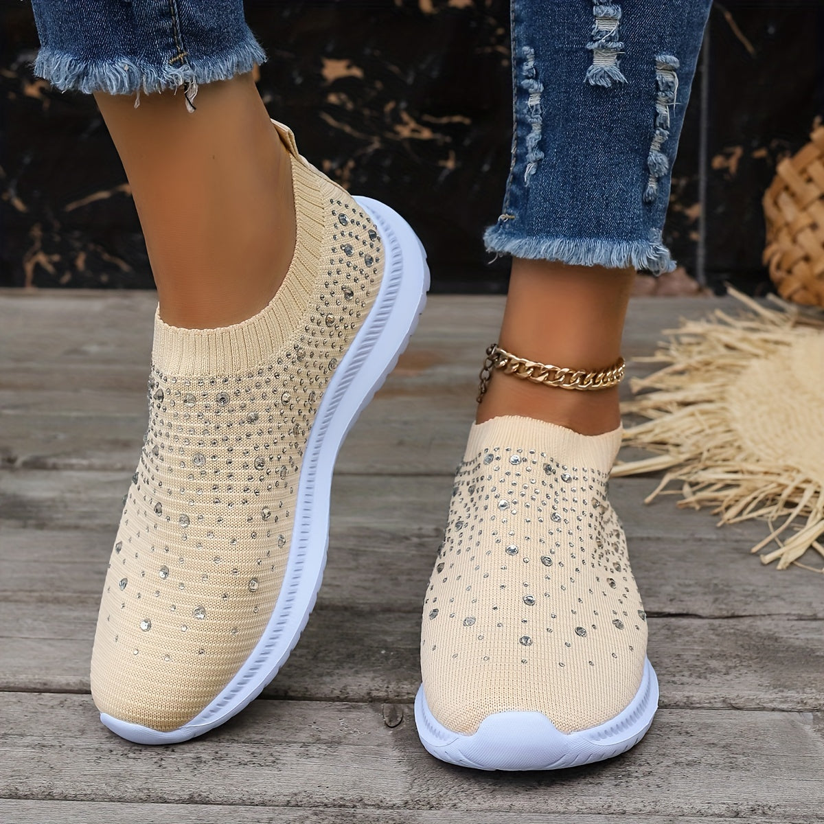 Women's Rhinestone Decor Slip-on Sneakers, Fly Woven Sports Shoes, Breathable Low Top Walking Shoes For Music Festival