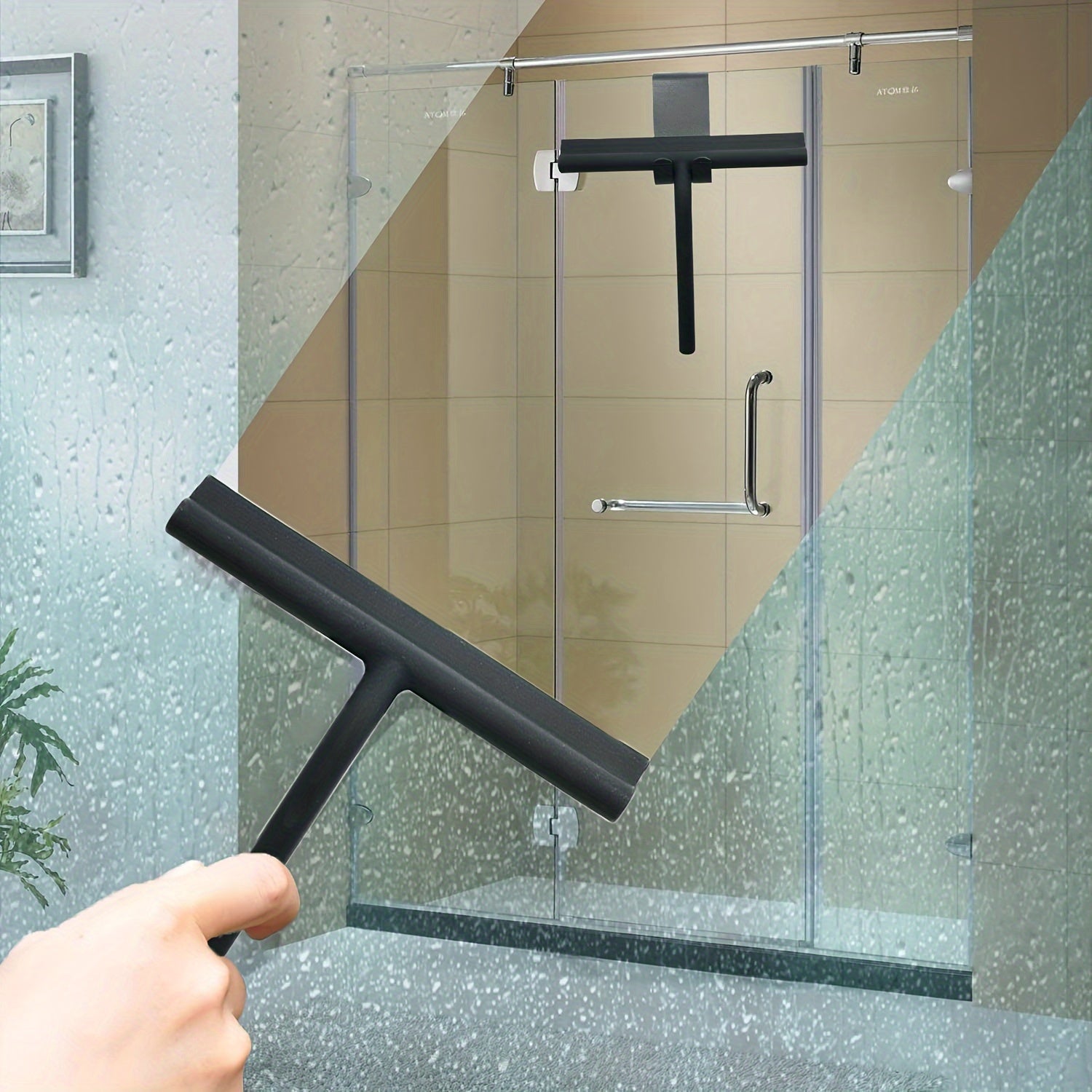 1pc Heavy-Duty Handheld Shower Squeegee - 8.27" Silicone Blade for Streak-Free Cleaning, Ideal for Windows, Glass Doors & Car Windshields, with Convenient Suction Hook, Durable & Non-Slip, Black