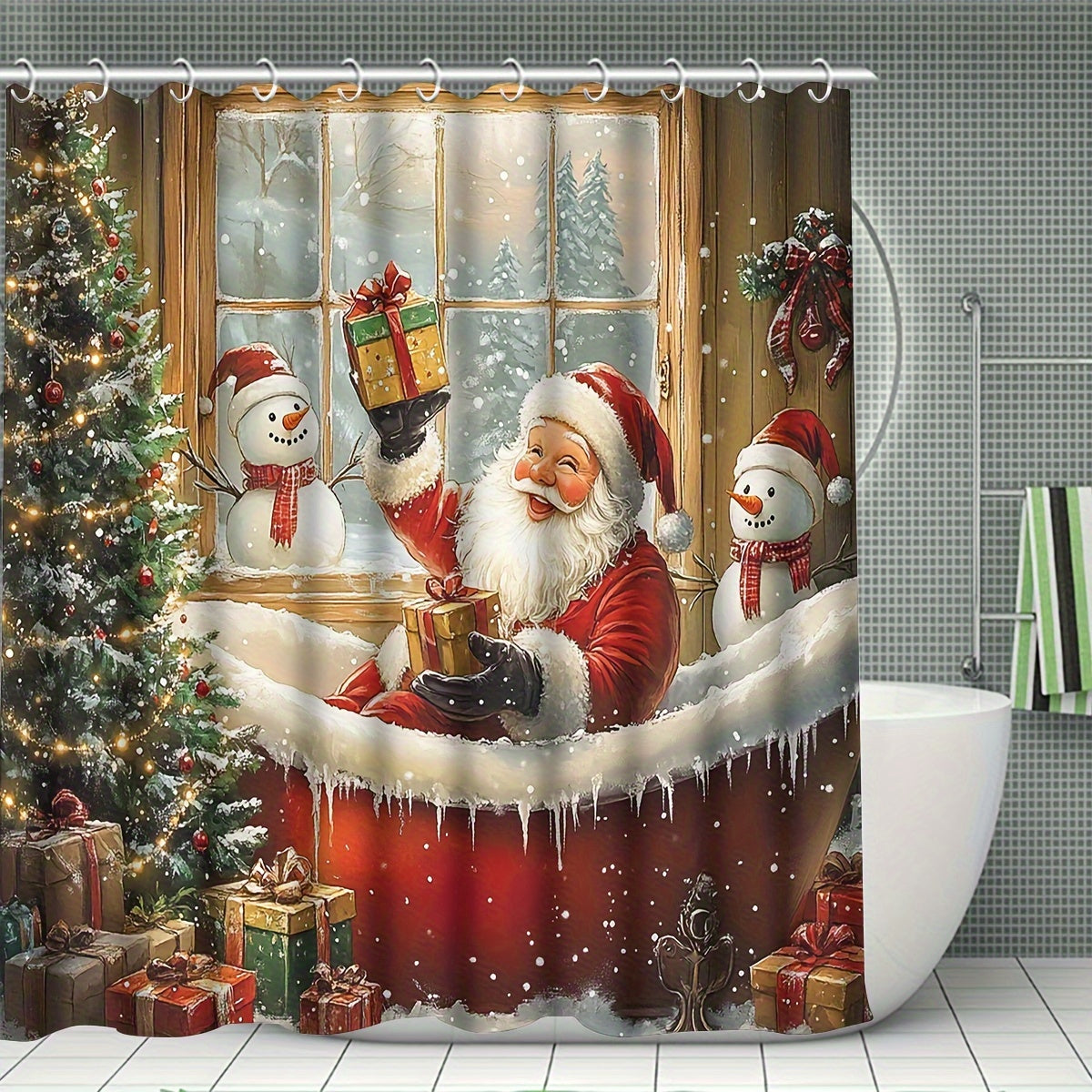 4pcs Red Christmas Santa Claus Shower Curtain Set, Curtain Set with Non-Slip Rugs, Toilet U-Shape Mat, Toilet Seat Cover, Machine Washable Curtain Set with 12 Hooks, Funny Christmas Santa with Snowman And Tree Shower Curtain