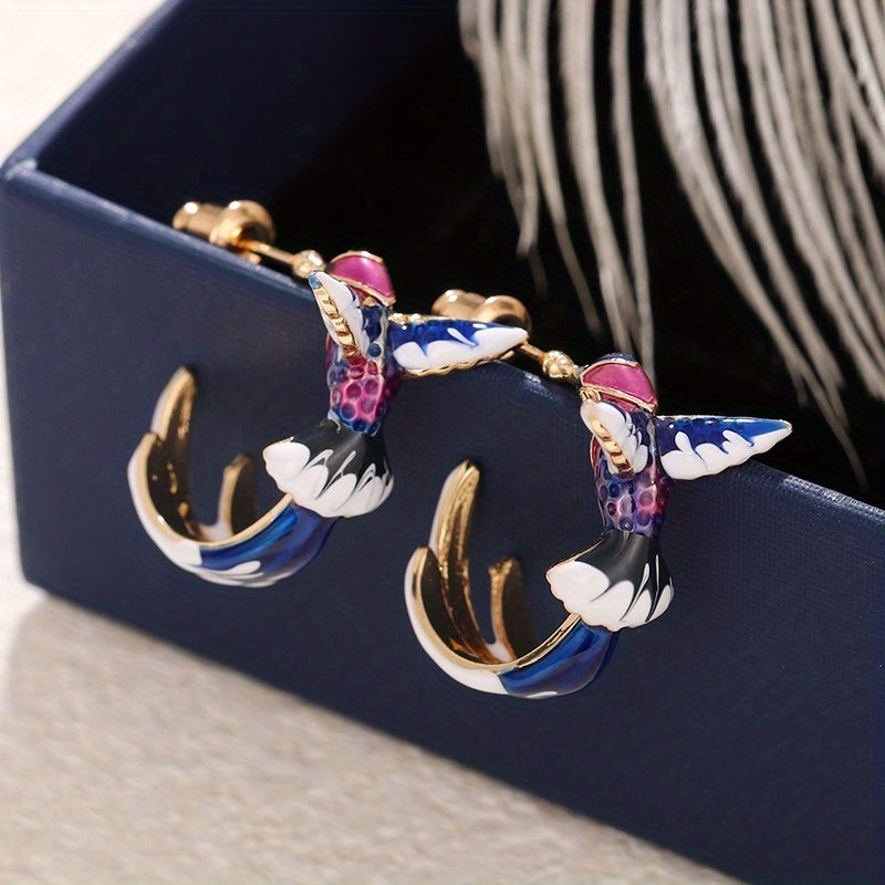 Cute Flying Hummingbird Oil Painting Earrings Enamel Hummingbird Stud Earrings Colorful Animal Elegant Jewelry For Women