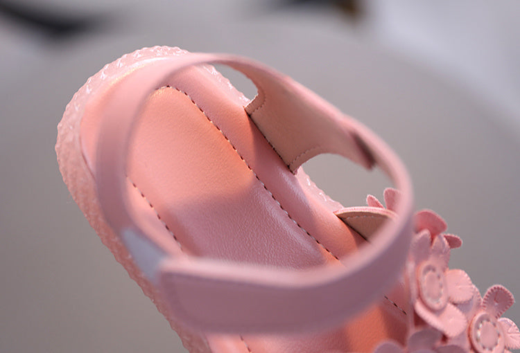 Baby Girls Cute Casual Sandals With Flower Decoration, Non-slip Soft Sole Slip-on Hook And Loop Fastener Shoes For Summer