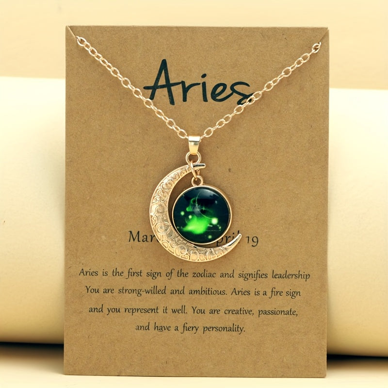 Glow-in-the-Dark Zodiac Necklace with Vintage Moon Pendant - Stylish Aquarius/Sagittarius/Leo/Leprechaun/Night & Sun Signs, Colorful Glass Charms, Zinc Alloy, Perfect Gift for Men