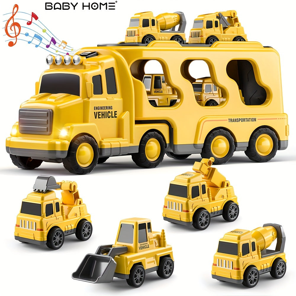 BABY HOME 5-in-1 Construction Vehicle Transport Truck Carrier Set, Durable Plastic Toys for Boys & Girls Ages 3-7, Perfect Christmas Birthday Gift
