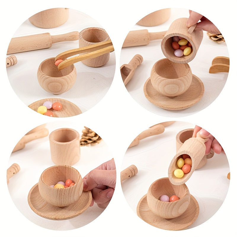Montessori Wooden Play Kitchen Set for Kids - Pretend Tea Time & Home Experience, Educational Sensory Toys for Preschoolers