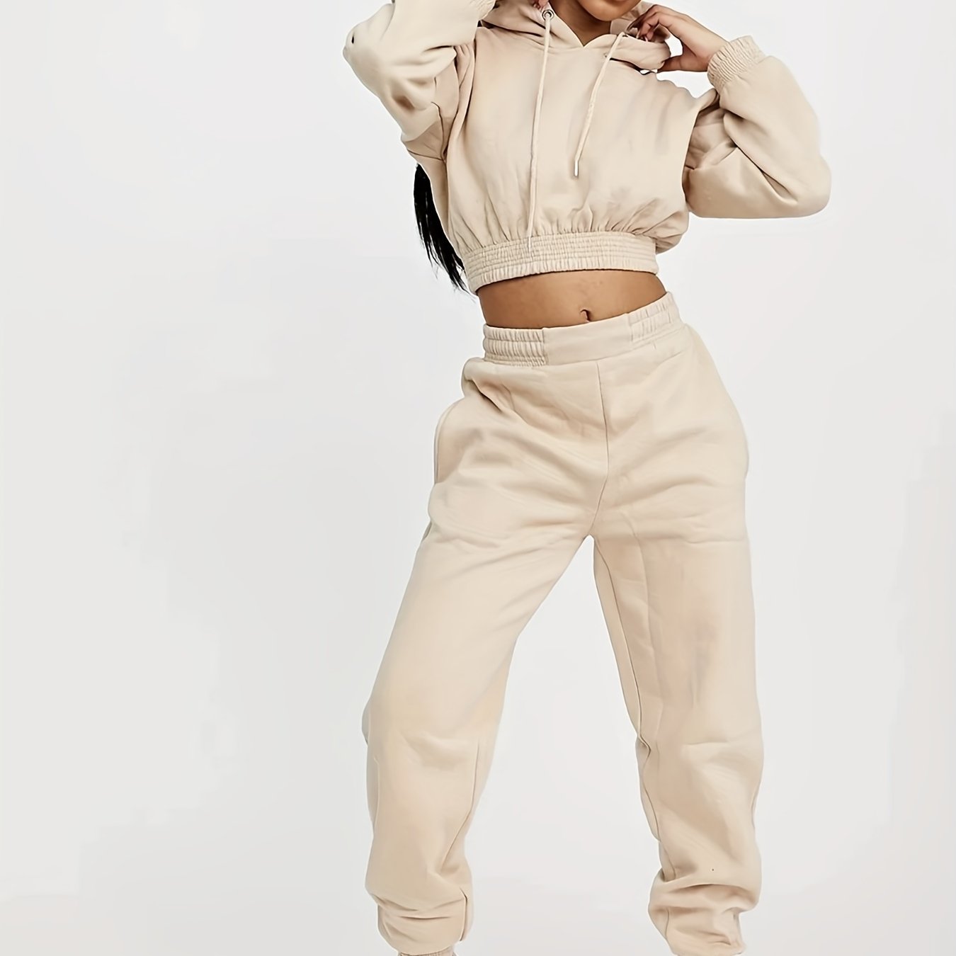 2pcs Plain High Stretch Sporty Suit, Long Sleeves Drawstring Hooded Sweatshirt & Jogging Pant Sports Set, Women's Activewear