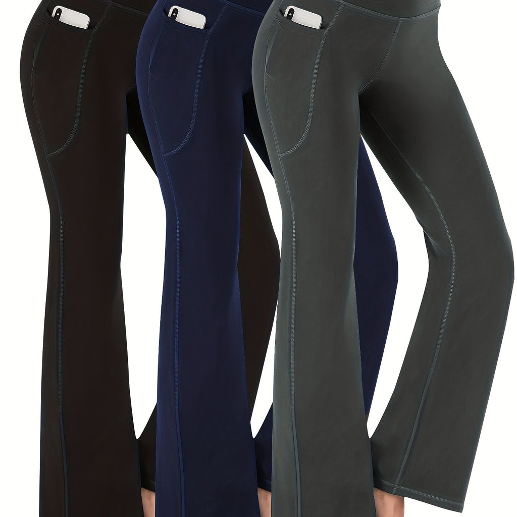 [Yoga Leggings] High Waist Solid Color Running Yoga Flare Leggings | Women's Activewear Wide Leg Bootcut Pants, Side Pocket Sports Workout