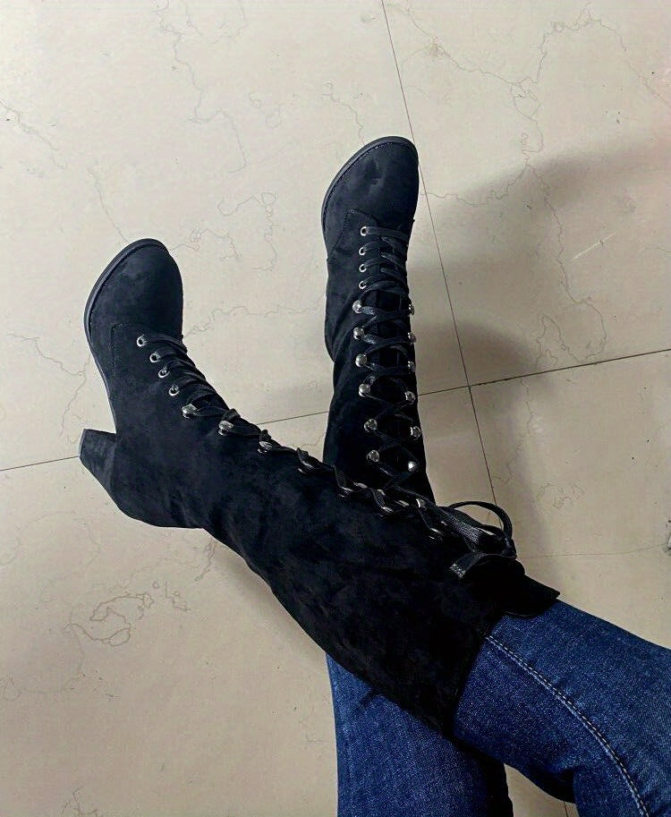 Women's Heeled Knee High Boots, Solid Color Lace Up Chunky Heeled Boots, Versatile Comfy Long Boots