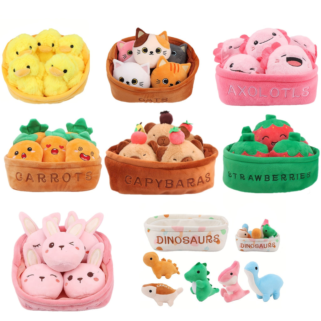 Molutian Plush Animal Basket - Soft Stuffed Toys Including Capybara, Dinosaur, Axolotl, Rabbit, Cat, Duck & Strawberry - Perfect for Youngsters' Birthdays, Halloween & Christmas Gifts