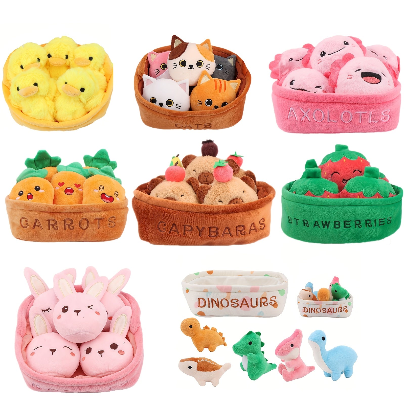 Molutian Plush Animal Basket - Soft Stuffed Toys Including Capybara, Dinosaur, Axolotl, Rabbit, Cat, Duck & Strawberry - Perfect for Youngsters' Birthdays, Halloween & Christmas Gifts