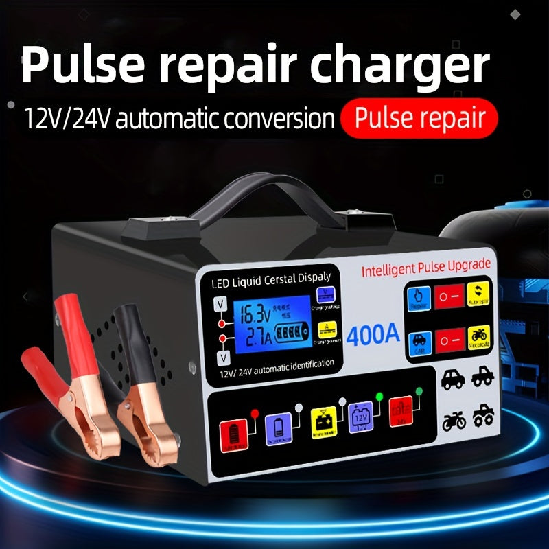 12V/24V Large Power Automotive Smart Pulse Repair Car Charger - Fast and Efficient Vehicle, Boat, Motorcycle Battery Charger with Advanced Safety Features and Multi-Protection