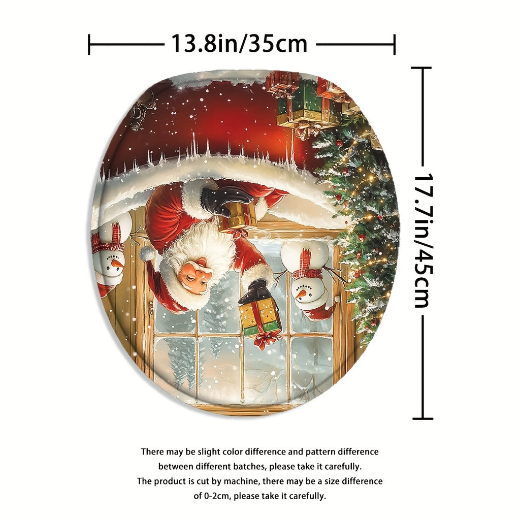 4pcs Red Christmas Santa Claus Shower Curtain Set, Curtain Set with Non-Slip Rugs, Toilet U-Shape Mat, Toilet Seat Cover, Machine Washable Curtain Set with 12 Hooks, Funny Christmas Santa with Snowman And Tree Shower Curtain