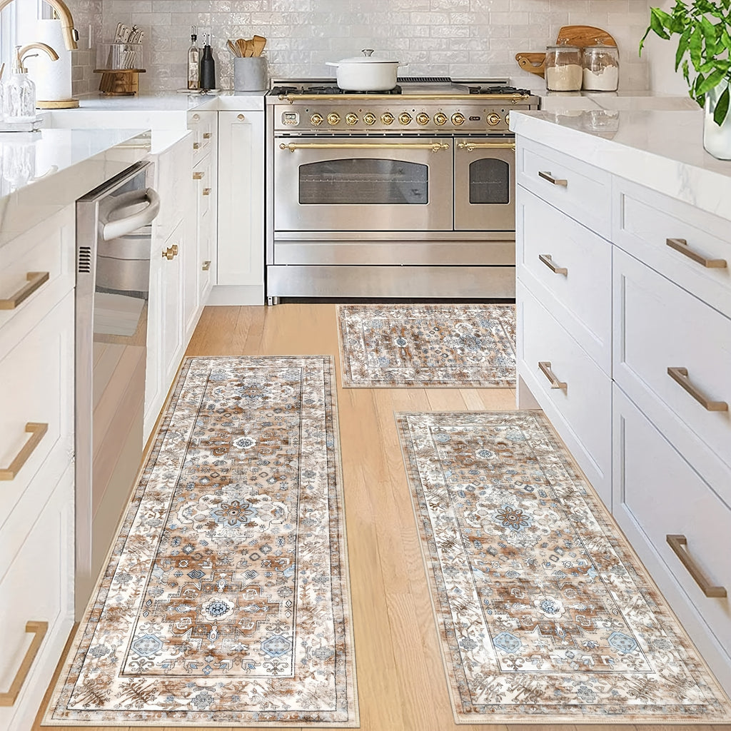 1/2/3pcs Bohemian Style Flannel Kitchen Floor Mats, Washable Low-area Rugs, Suitable for Decoration In Kitchens, Laundry Rooms And Hallways