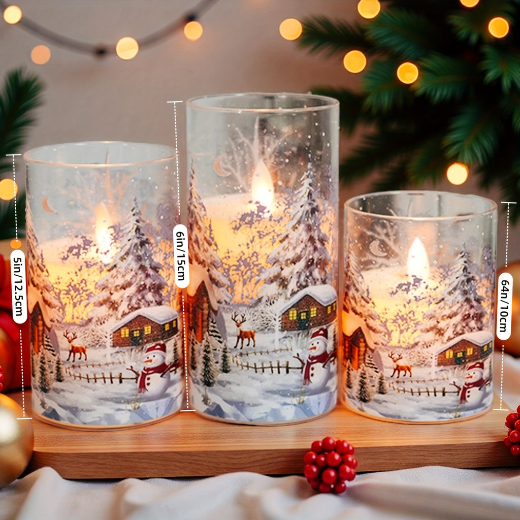 3pcs Flameless Led Pillar Candles With Christmas Snow Scene Design, Flickering Warm Light, Battery Operated Decorative Candles With Snowman Patterns, Perfect For Christmas Decoration, Table Centerpiece, Home Decor, Gift Idea,