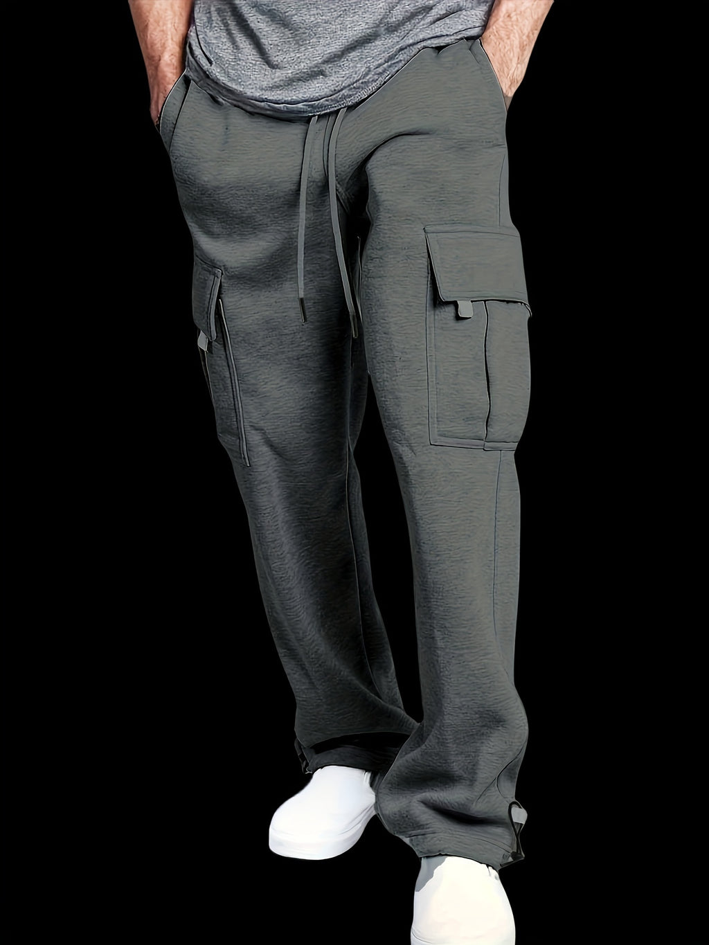 Men's Fleece-Lined Cargo Pants - Thick, Loose Fit for Winter Sports & Outdoor Activities, Gray with Multiple Pockets & Drawstring Waist, Polyester Knit Fabric, Street Style Joggers