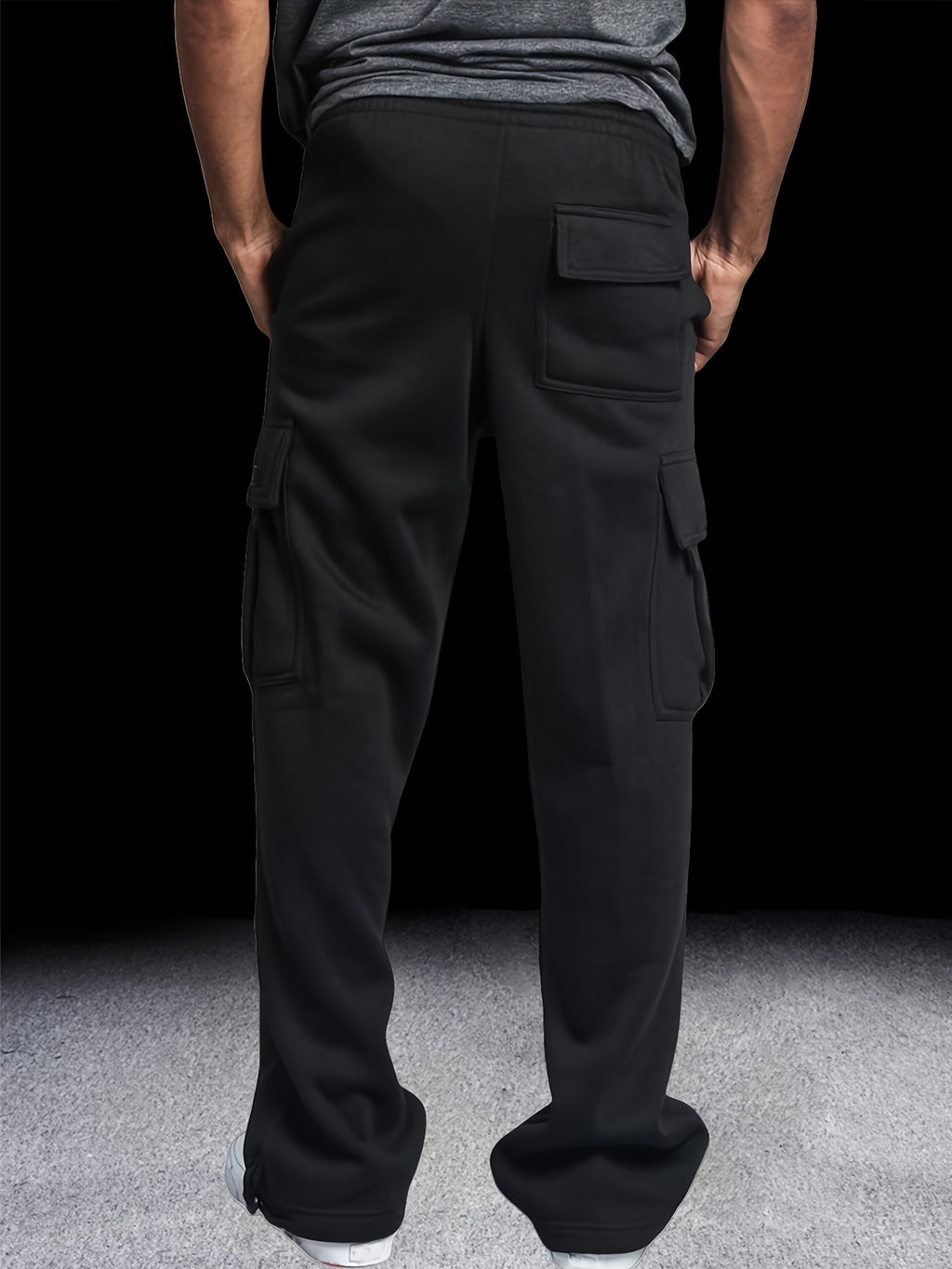 Men's Fleece-Lined Cargo Pants - Thick, Loose Fit for Winter Sports & Outdoor Activities, Gray with Multiple Pockets & Drawstring Waist, Polyester Knit Fabric, Street Style Joggers