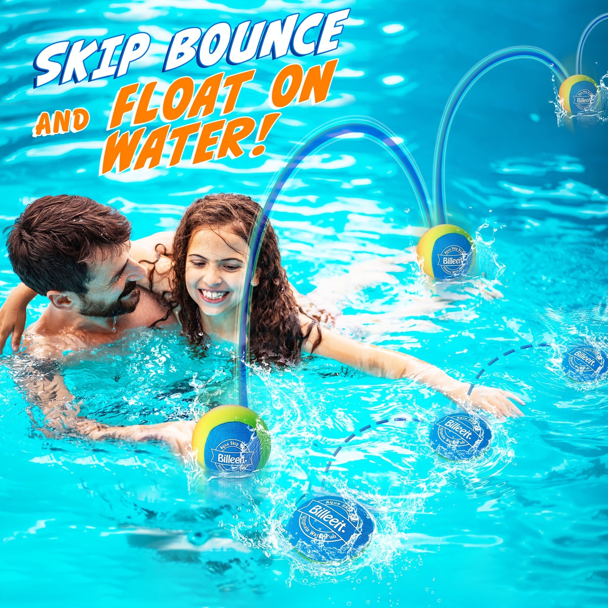 Billeeit Water Skipping Balls Set for Pool Play, Include 1 Rugby, 2 Balls and 2 Discs, Rainbow Color Splash Water Bouncing Balls, Fun Beach Toys & Games, Summer Gift for Kids 3+ 4-8-12 and Adults