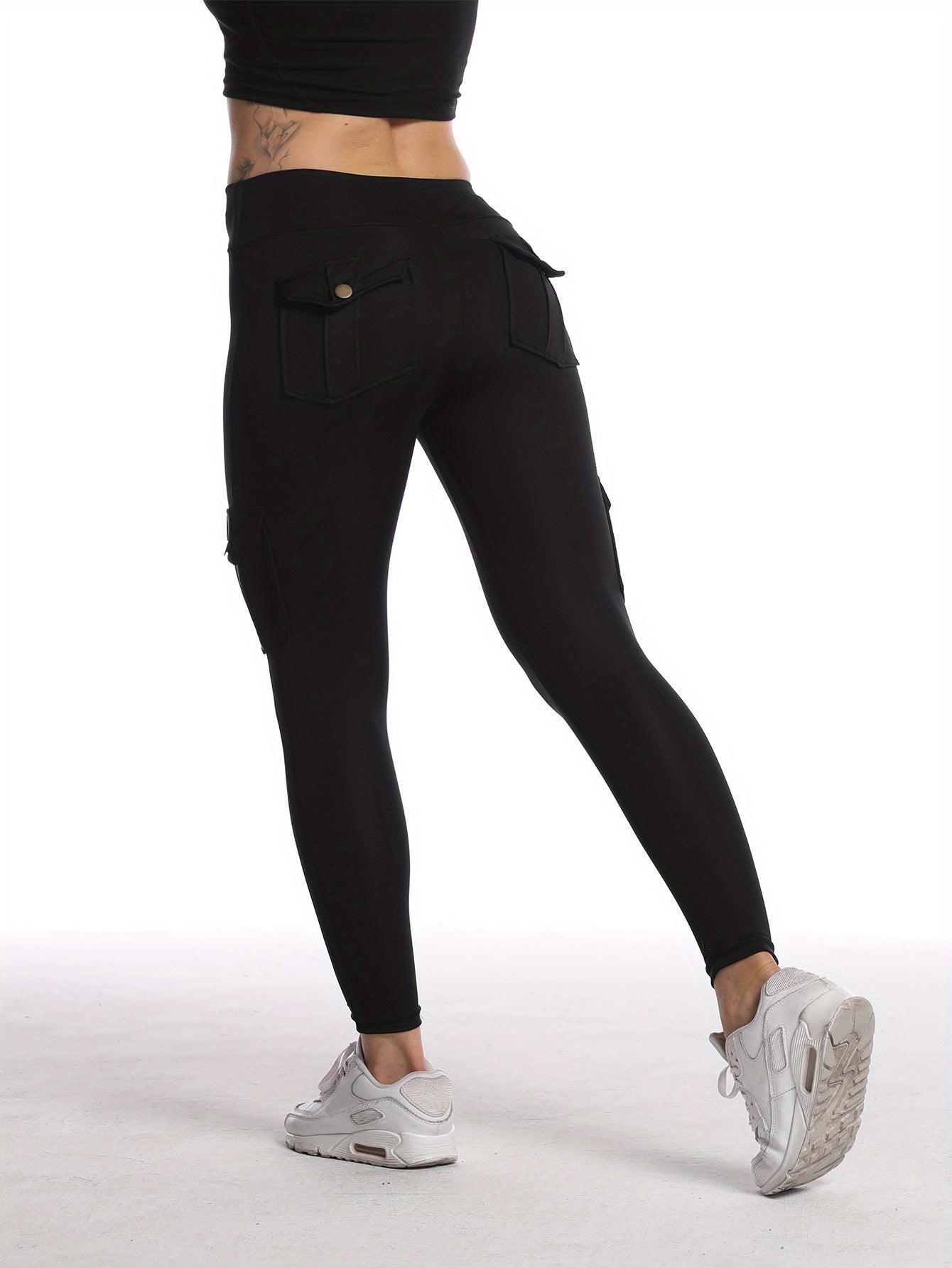 Black Flap Pockets Sports Pants, Moisture Wicking High Waist Breathable Fitness Workout Casual Cargo Pants, Women's Clothing