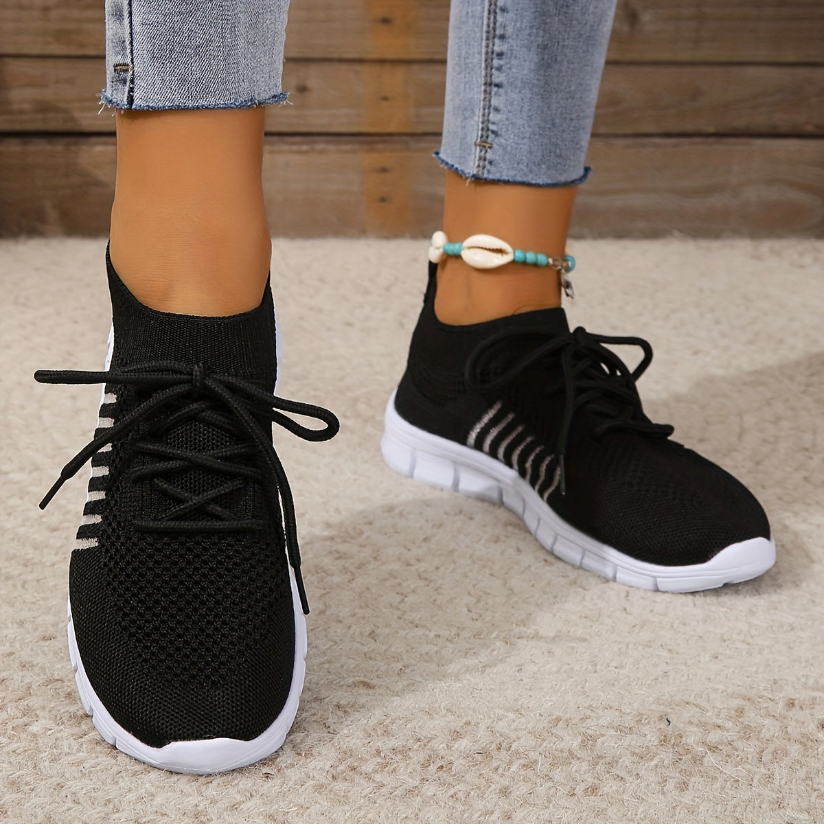 Women's Knitted Sports Shoes, Breathable & Lightweight Low Top Running Sneakers, Casual Outdoor Gym Jogging Trainers Plus Size