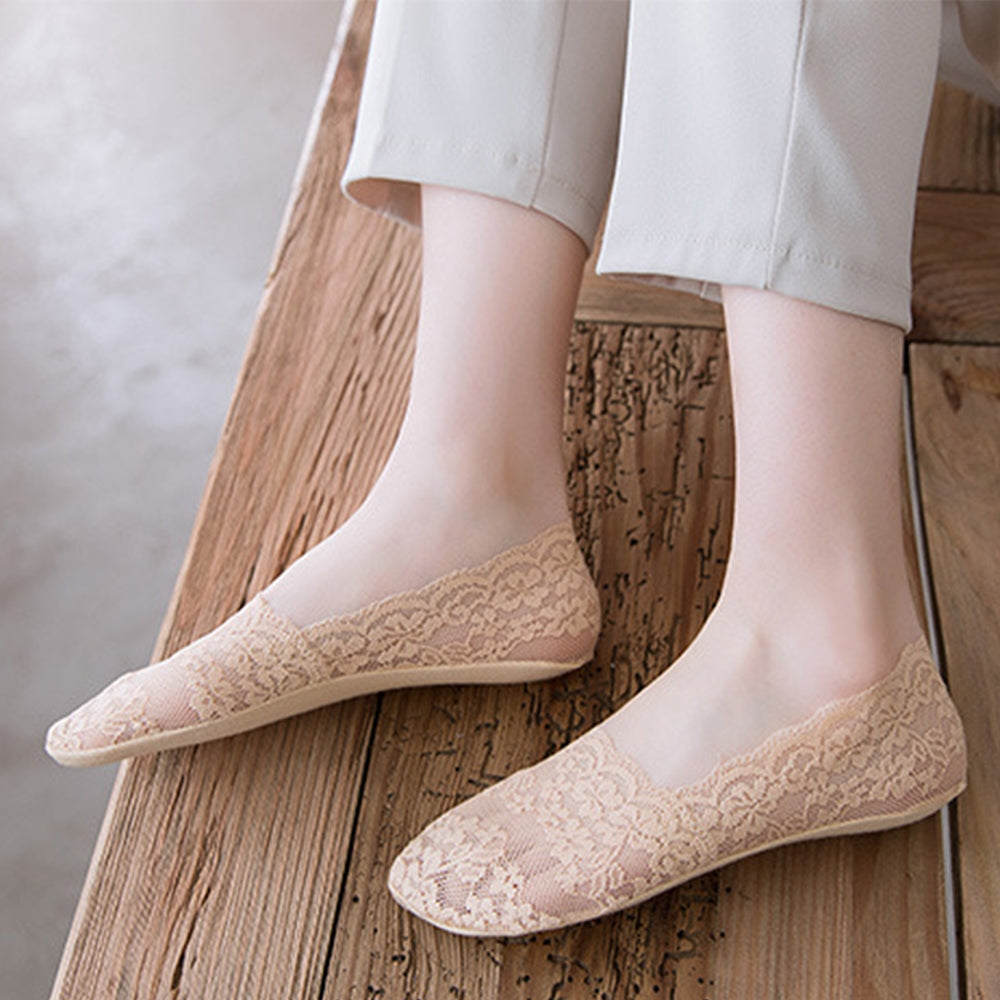 [Breathable Ankle Socks] 5 Pairs Women's Lace Trim No-Show Ankle Socks | Breathable Fabric, Floral & Solid Color Options, Low-Cut Invisible Socks for Casual & Formal Wear