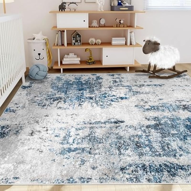 Area Rug 4x6 Washable Rug Modern Abstract Bedroom Rug NonSlip Soft Neutral Area Rug Stain Resistant Throw Rugs for Entryway Kitchen Door Mat Indoor Entrance Laundry Grey Blue 4'x6'