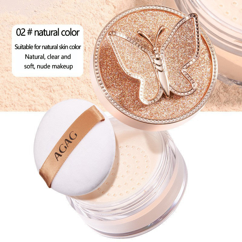 AGAG Butterfly-Themed Loose Powder - Lightweight, Oil-Control, Waterproof & Sweatproof Concealer - Invisible Pore Minimizing, Natural Finish for All Skin Types - Sparkling Rose Golden Container