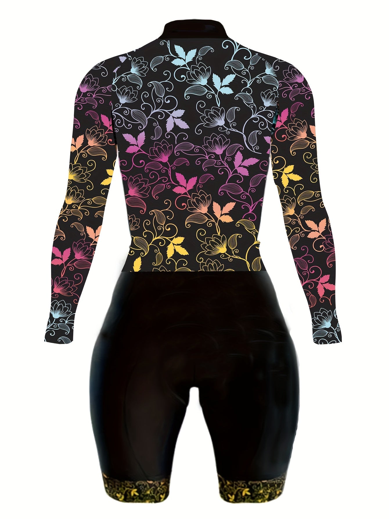 Plus Size Sports Jumpsuit, Women's Plus Colorful Leaf Graphic Long Sleeve Zip Up Biker Fitness Jumpsuit