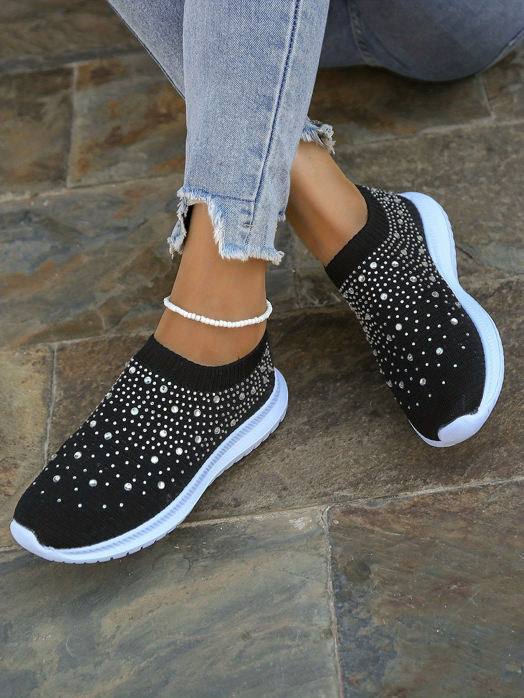 Women's Rhinestone Decor Slip-on Sneakers, Fly Woven Sports Shoes, Breathable Low Top Walking Shoes For Music Festival