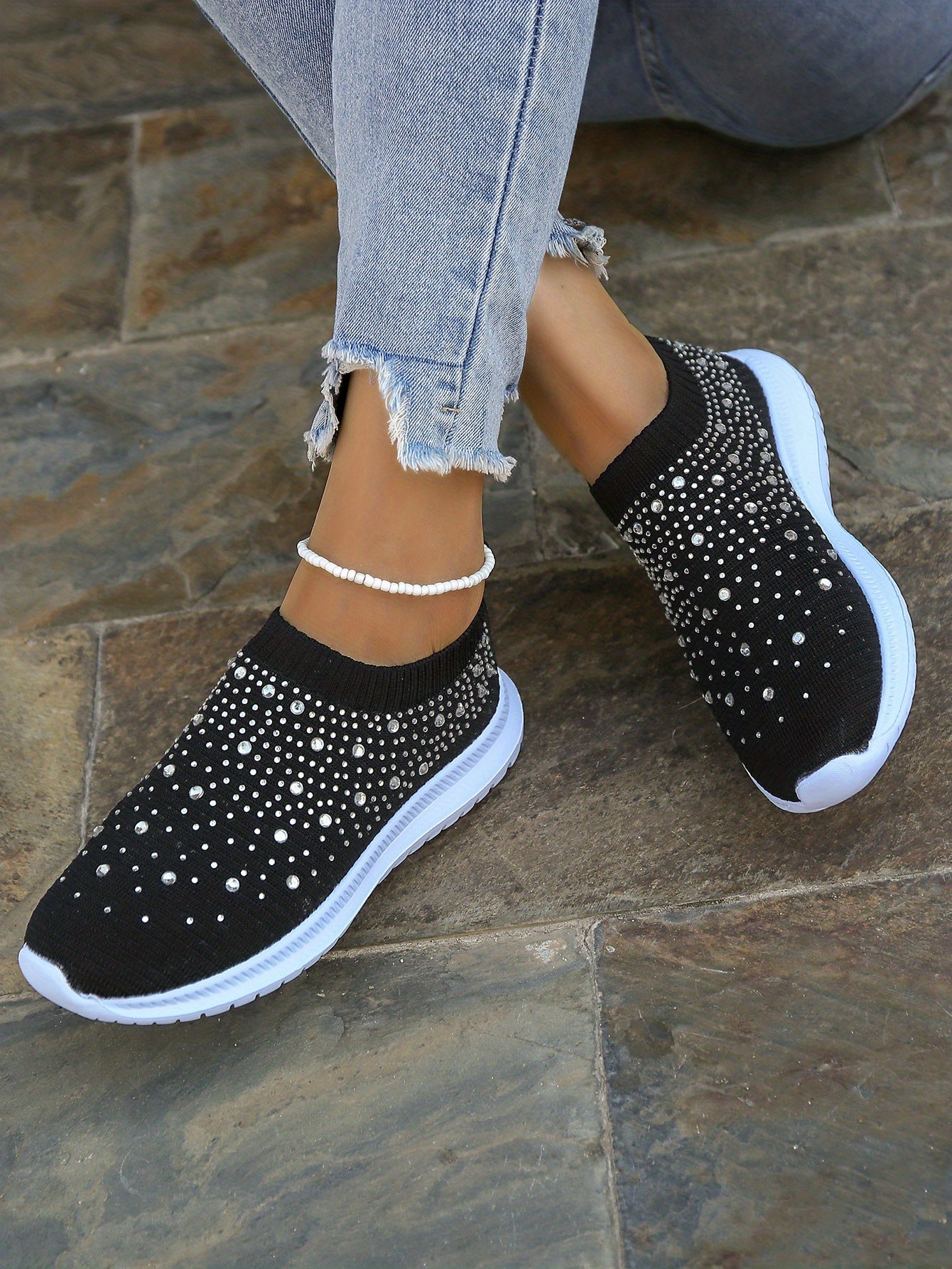 Women's Rhinestone Decor Slip-on Sneakers, Fly Woven Sports Shoes, Breathable Low Top Walking Shoes For Music Festival