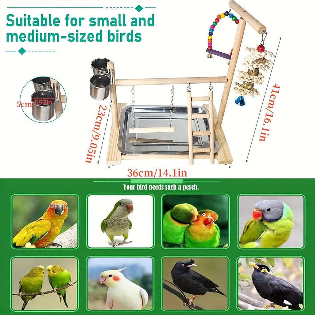 Parrot Play Stand with Swing and Chew Toys - Durable Wood, Ideal for Medium & Small Birds - Interactive Training Station for Lovebirds and Parakeets
