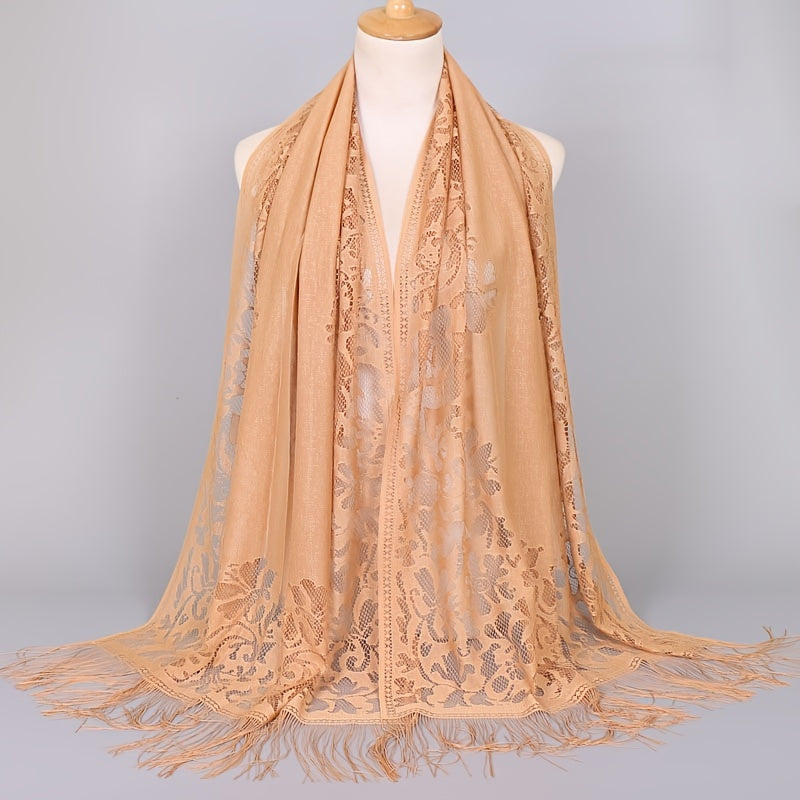 Ladies Women's Floral Lace Scarf Shawl With Tassels, Soft Mesh Fringe Wraps Bridal Shawl For Wedding Evening Party Dresses