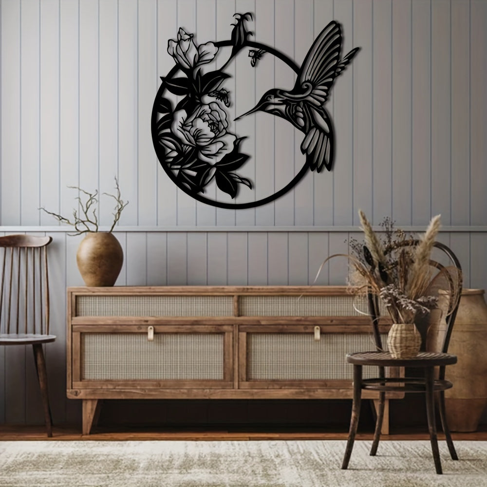 1pc Exquisite Hummingbird Metal Art Deco Wall Decoration - 3D Rustic Black Circular Bird & Floral Design with Intricate Details - Ideal Indoor Outdoor Garden Home Decor Accent