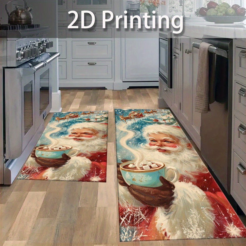 2D Flat, 2D Printing Christmas Santa Claus Hot Cocoa Rug Set - Non-Slip Kitchen Mat with Santa, Mrs. Claus, Snowman, Reindeer, Snowflakes, Tree & Candle Design, Festive Holiday Decor for Home & Restaurant, Christmas Rugs