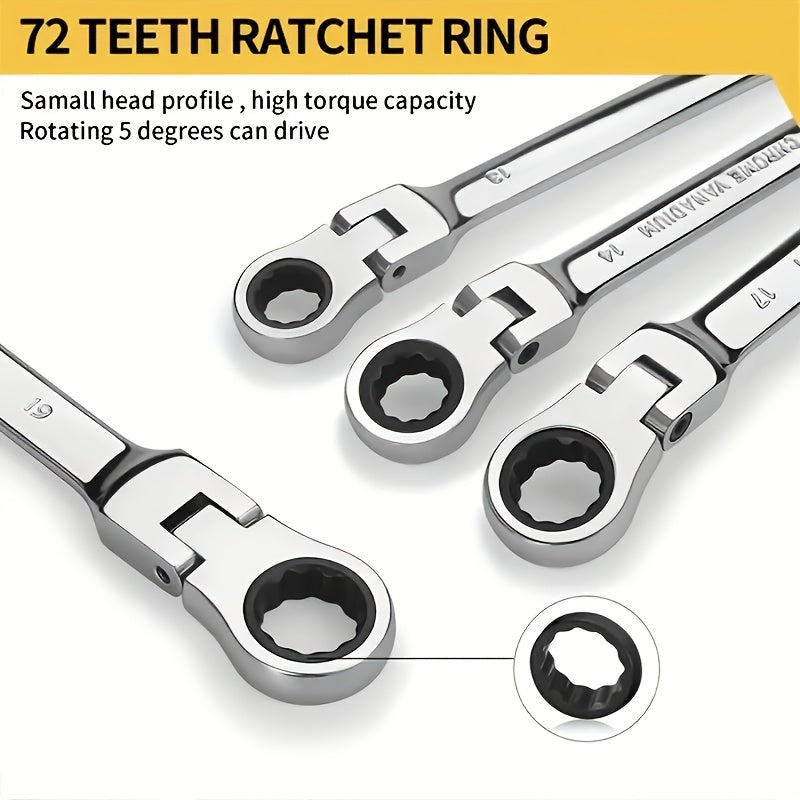 8pcs Ratchet Wrench Set | 72 Teeth 180° Flexible Head | CR-V Chrome Vanadium Steel Rust-Resistant and Durable | Includes Drawstring Bag for Storage | Suitable for Automotive/Home DIY Repair