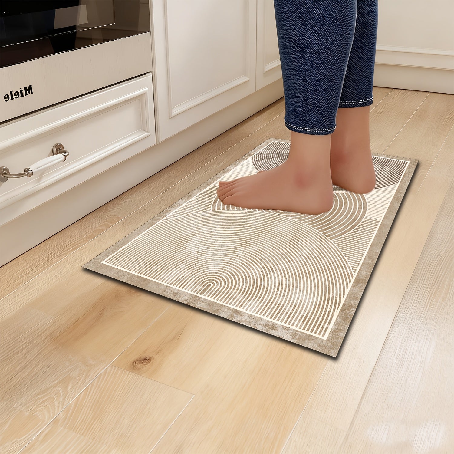 2pcs Beige/Brown Diatomite Kitchen Rugs - Soft Quick-Dry Absorbent Runner Mats with Beige/Brown/Gray Striped Pattern, Non-Slip Rubber Backing, Machine Washable Mat for Hallway, Bathroom, Laundry Room & Sink Areas (Modern Beig