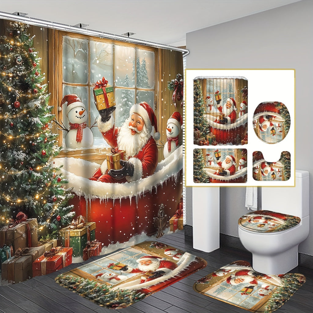 4pcs Red Christmas Santa Claus Shower Curtain Set, Curtain Set with Non-Slip Rugs, Toilet U-Shape Mat, Toilet Seat Cover, Machine Washable Curtain Set with 12 Hooks, Funny Christmas Santa with Snowman And Tree Shower Curtain