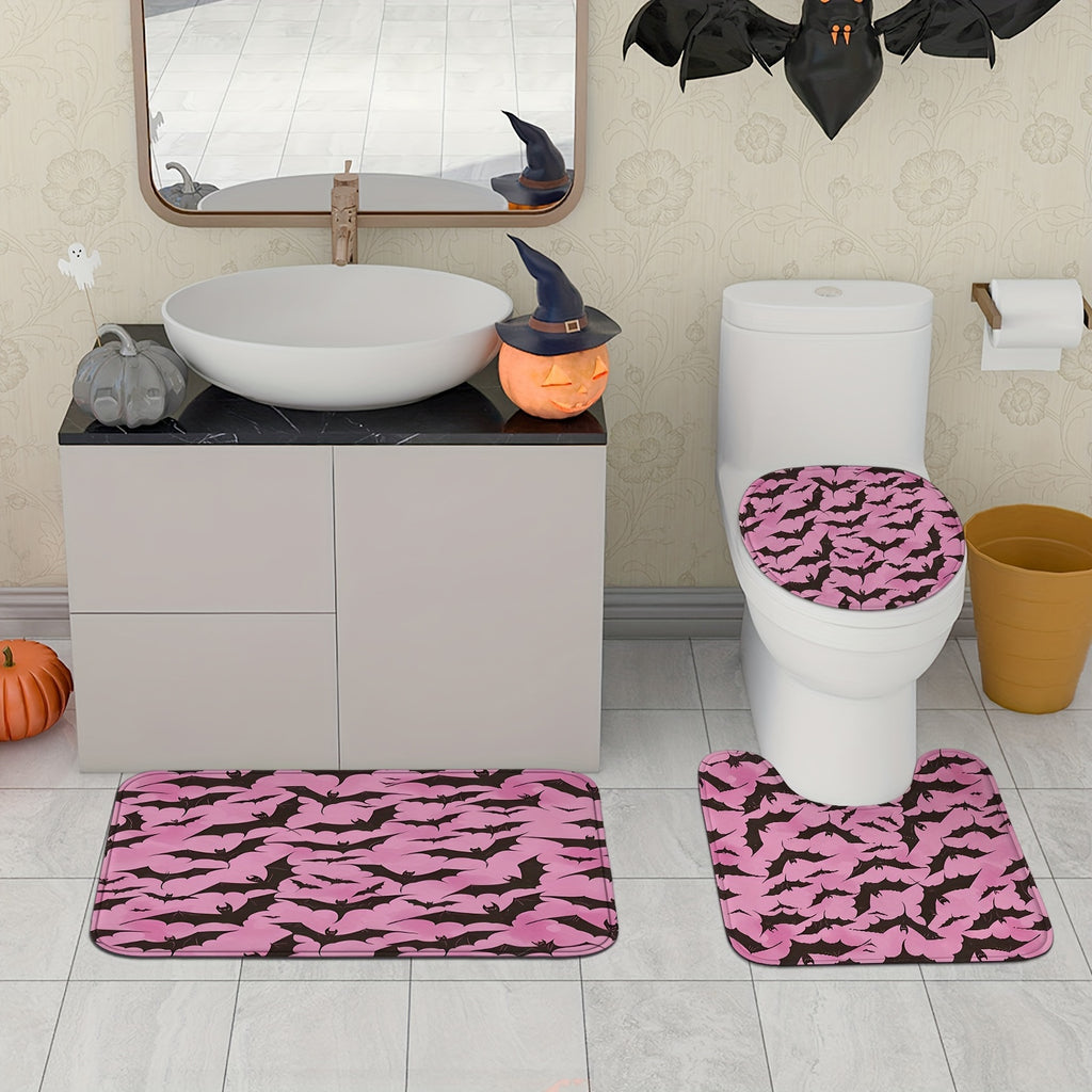 1/4pcs Halloween Bat Spooky Gothic Pink Black Shower Curtain Set with Shower Curtain and Rugs Polyester Waterproof Machine Washable for Halloween Bathroom or Shower Decor with 12 Hooks Non-slip Bath Mat U-shape Toilet Lid Cov