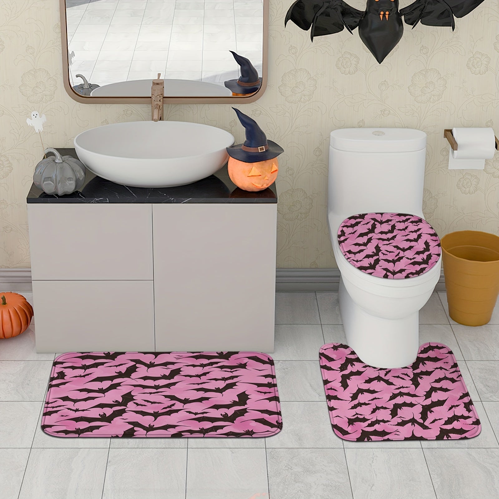 1/4pcs Halloween Bat Spooky Gothic Pink Black Shower Curtain Set with Shower Curtain and Rugs Polyester Waterproof Machine Washable for Halloween Bathroom or Shower Decor with 12 Hooks Non-slip Bath Mat U-shape Toilet Lid Cov